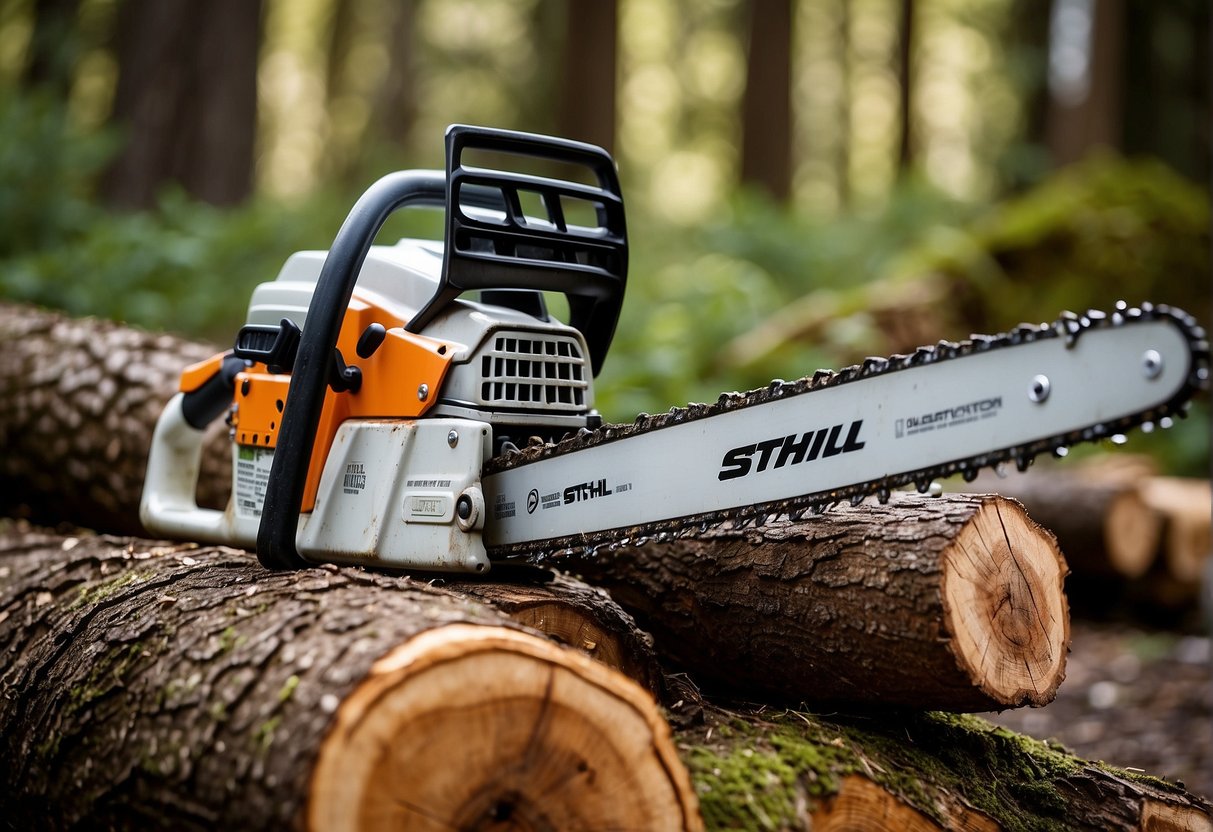 A chainsaw with a Stihl chain cuts through a thick log, while another with an Oregon chain lies nearby