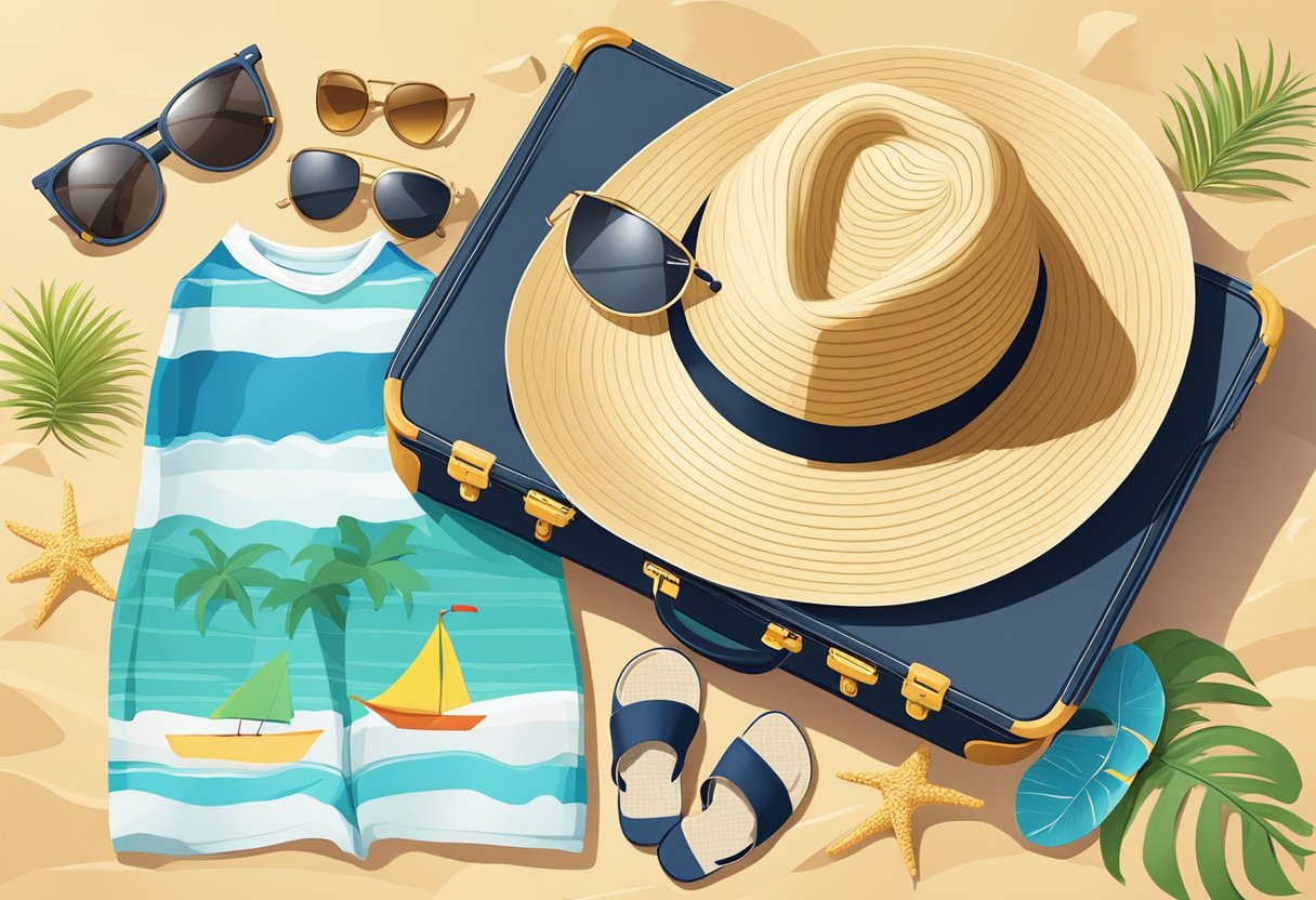 A suitcase open with lightweight clothing, sandals, sun hat, and sunglasses laid out on a tropical beach background