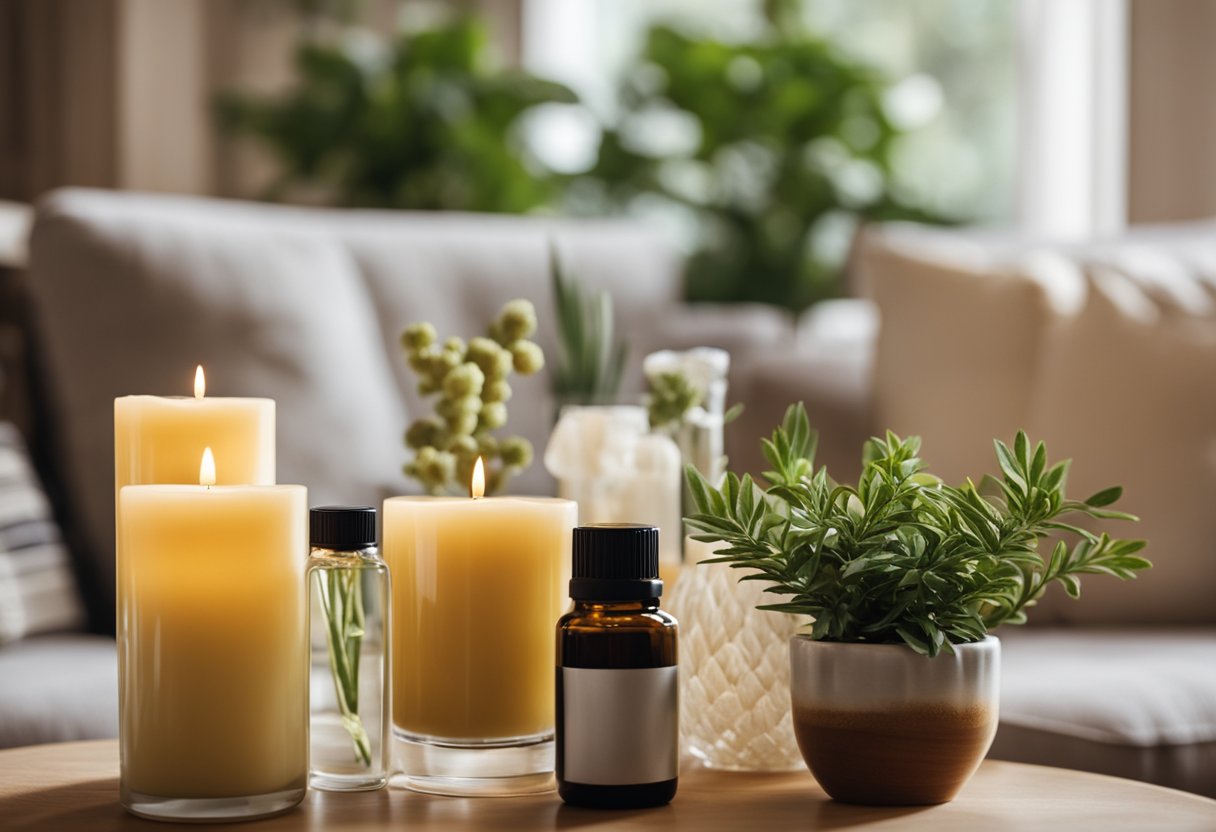 A cozy living room with natural air fresheners like plants, essential oil diffusers, and beeswax candles. No toxic chemicals, just a clean and refreshing scent