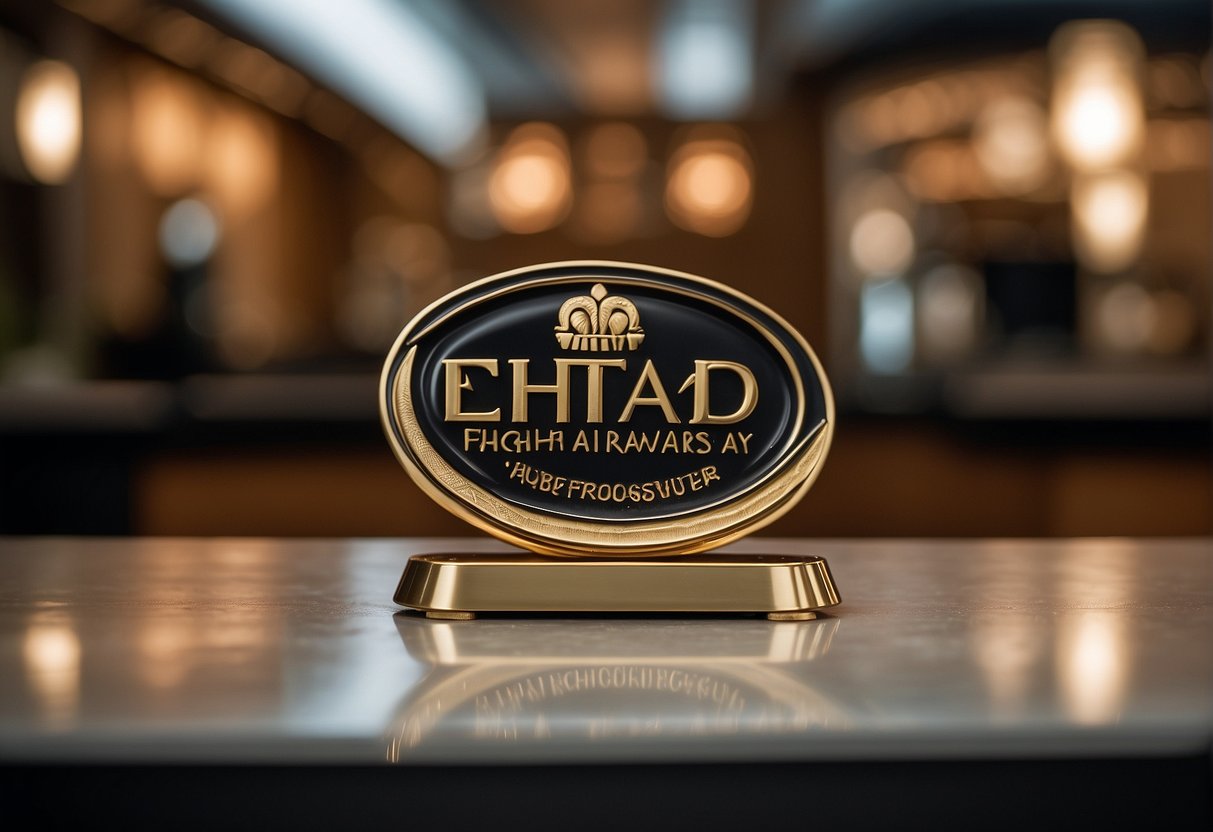 Etihad Airways logo displayed on a customer service desk with a phone and email contact information prominently shown