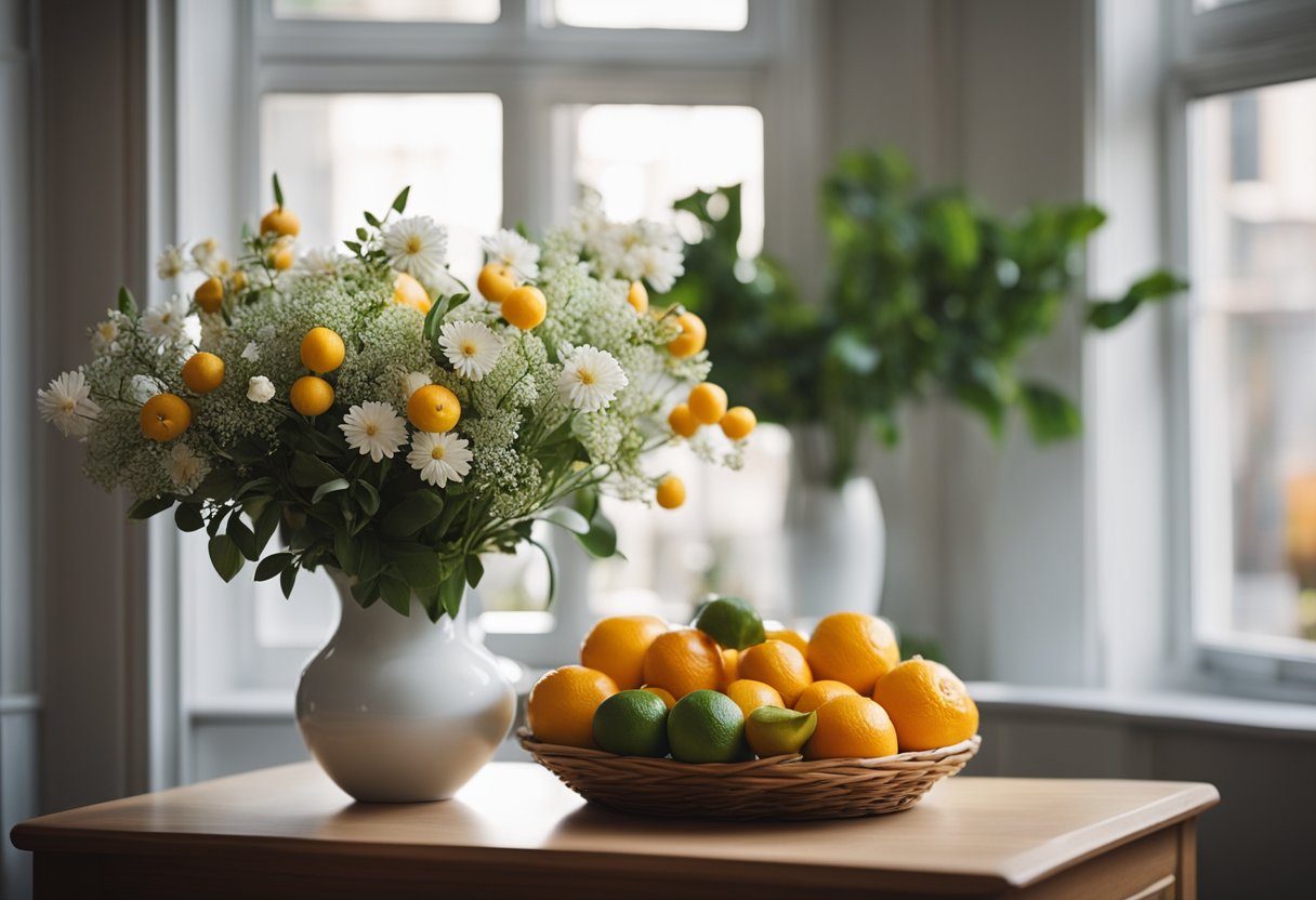 A cozy living room with a vase of fresh flowers and a bowl of citrus fruits, surrounded by open windows letting in the fresh air