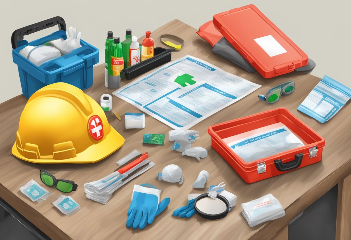 A table with first aid kit, fire extinguisher, safety goggles, hard hats, gloves, and safety signs for Fiji packing list
