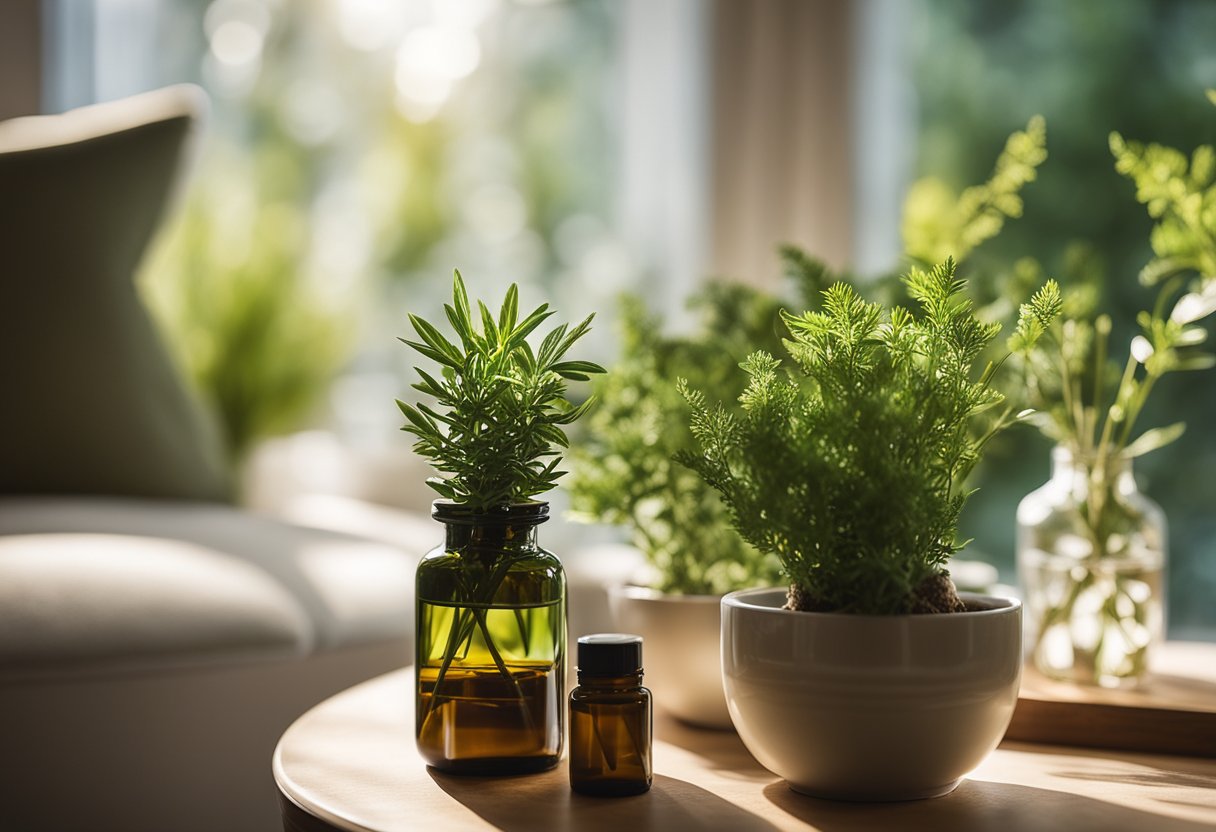 A cozy living room with natural air fresheners like essential oil diffusers and dried herb sachets. Sunlight streams through the windows, casting a warm glow on the green plants and natural materials