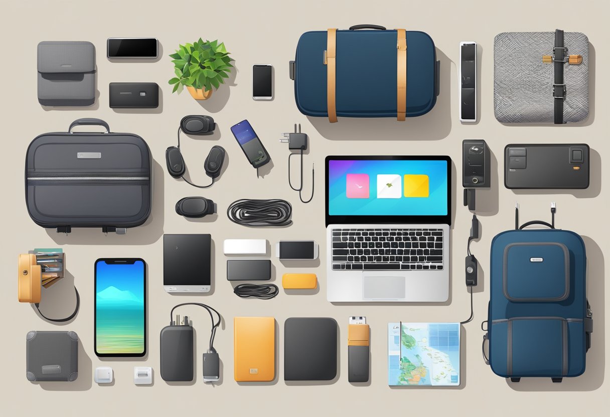 A table covered in electronic gadgets, chargers, and entertainment devices. A suitcase open with neatly packed items labeled for Fiji trip