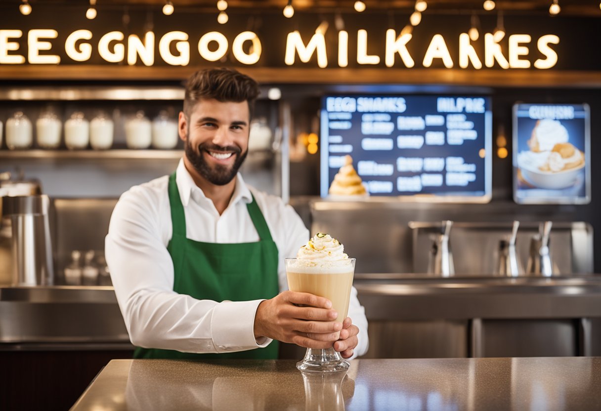 A festive diner counter with a menu board advertising "Eggnog Milkshakes" in bold letters. A cheerful bartender serves a frothy glass to a customer