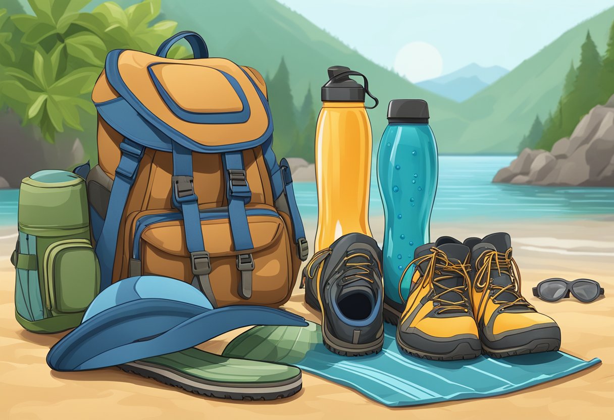 A pair of hiking boots, sandals, and water shoes sit next to a backpack filled with snorkeling gear, a sun hat, and a waterproof phone case