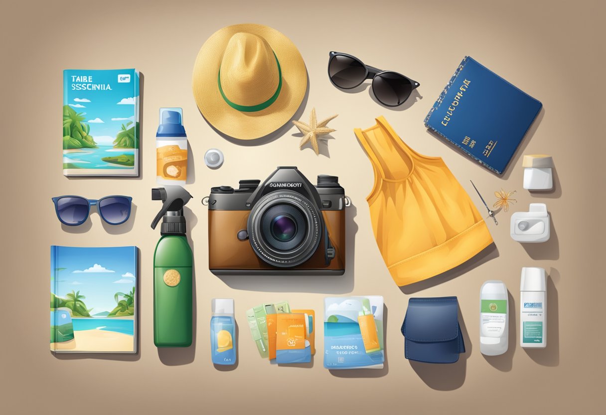 A table covered in travel essentials: sunscreen, insect repellent, passport, camera, sunglasses, swimsuit, hat, and guidebook