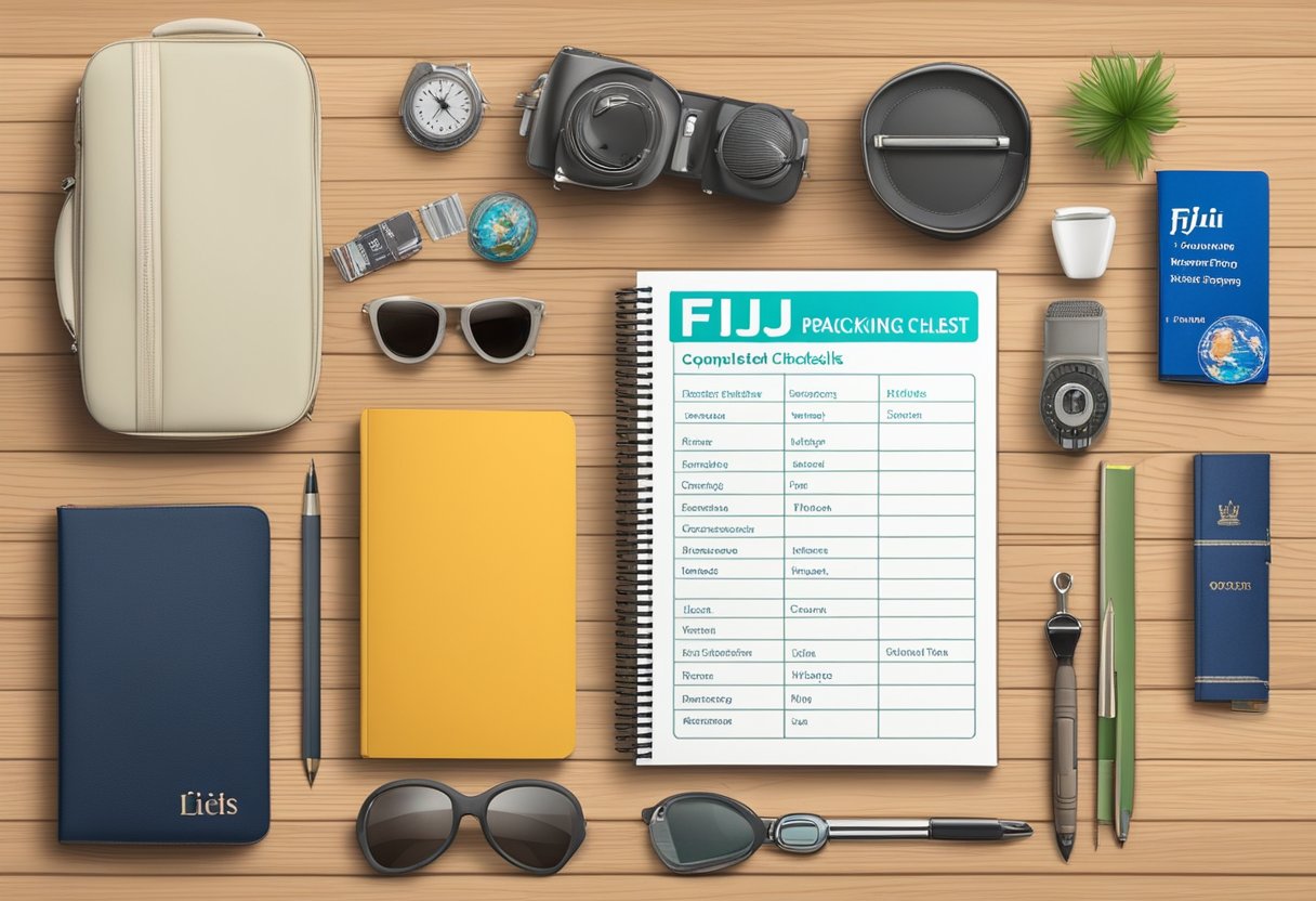 The completed packing checklist for Fiji lies on a wooden table, surrounded by travel essentials and a passport