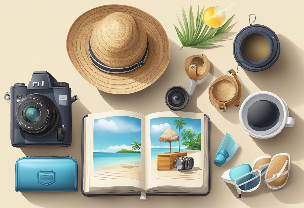 A table with a suitcase, sunscreen, hat, camera, and guidebook for Fiji