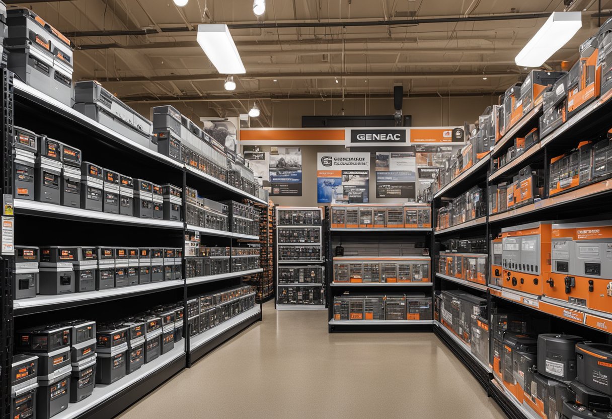 A hardware store displays a variety of Generac generators on shelves, with price tags and product information clearly visible