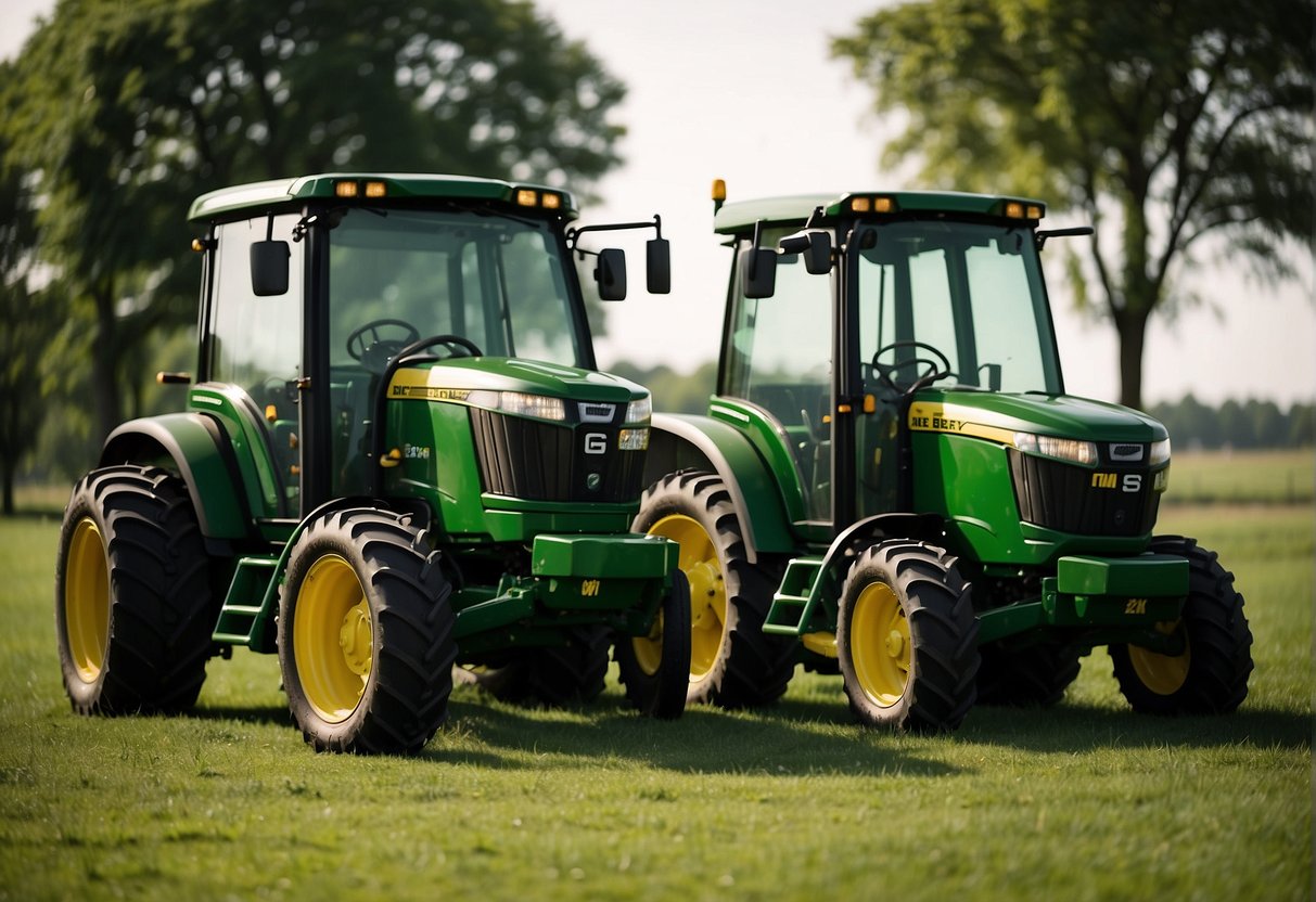Two John Deere lawn tractors, the S220 and S240, face off in a grassy field