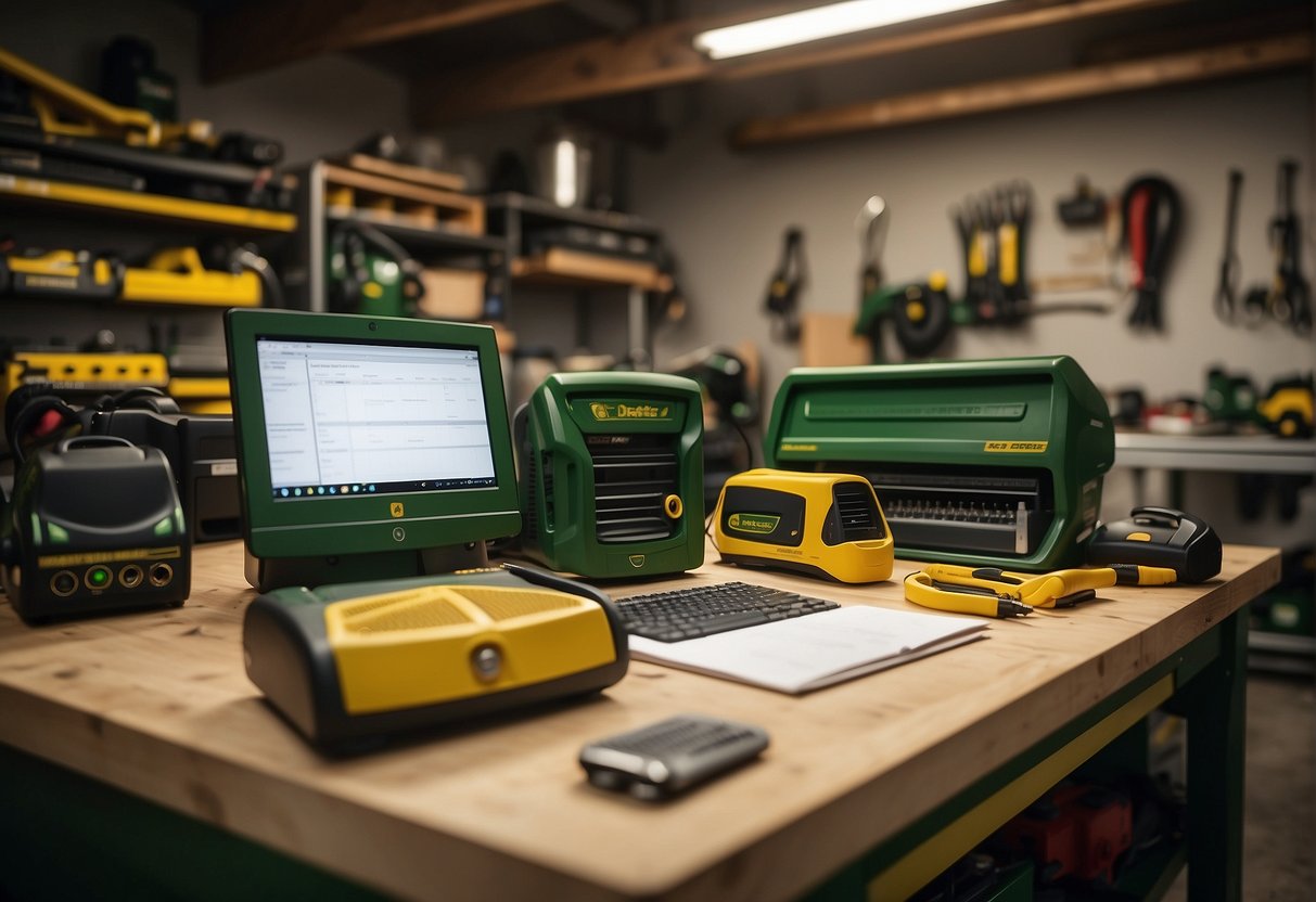 A homeowner compares John Deere S220 and S240 models in a well-lit garage, surrounded by tools and equipment. A notepad and pen sit on a workbench, with a computer displaying product specifications in the background