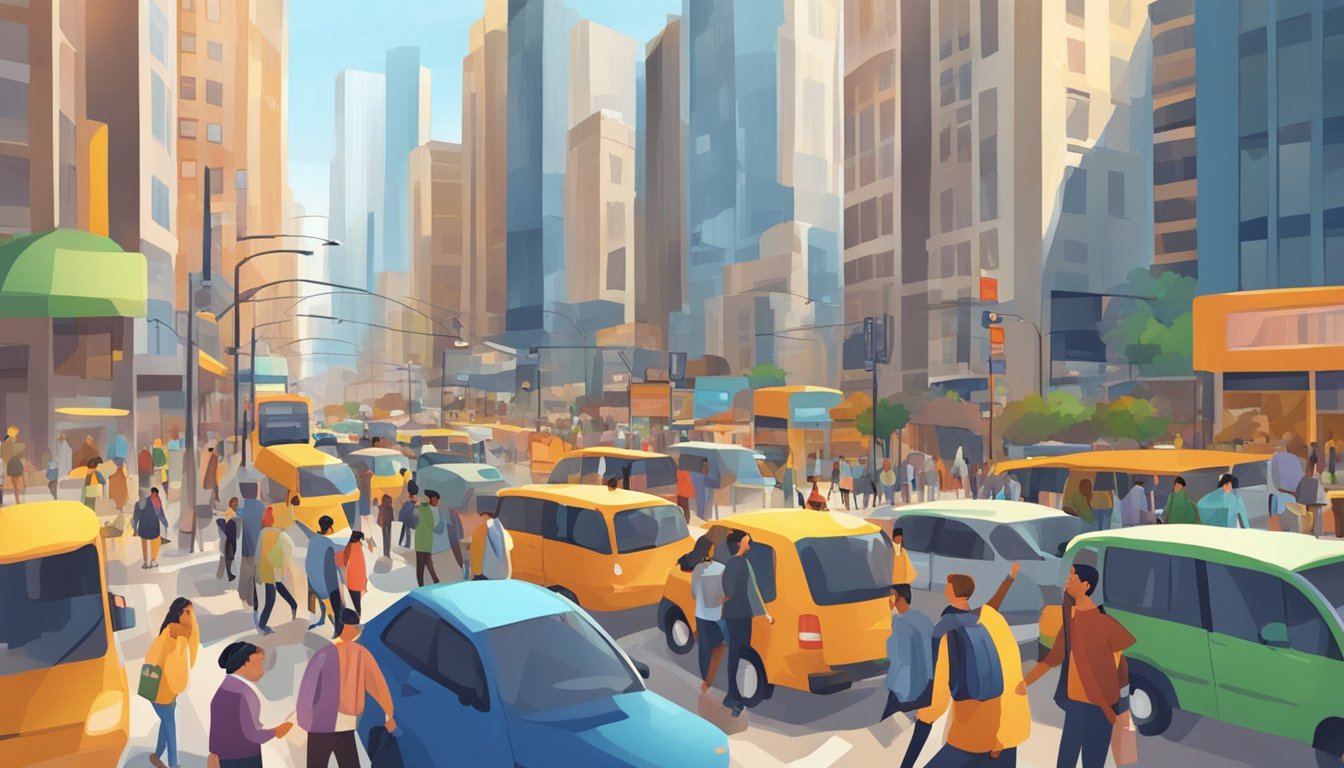 A bustling city street with diverse people, each engaged in their own activities.</p><p>Bright signs and bustling traffic show the energy of daily life