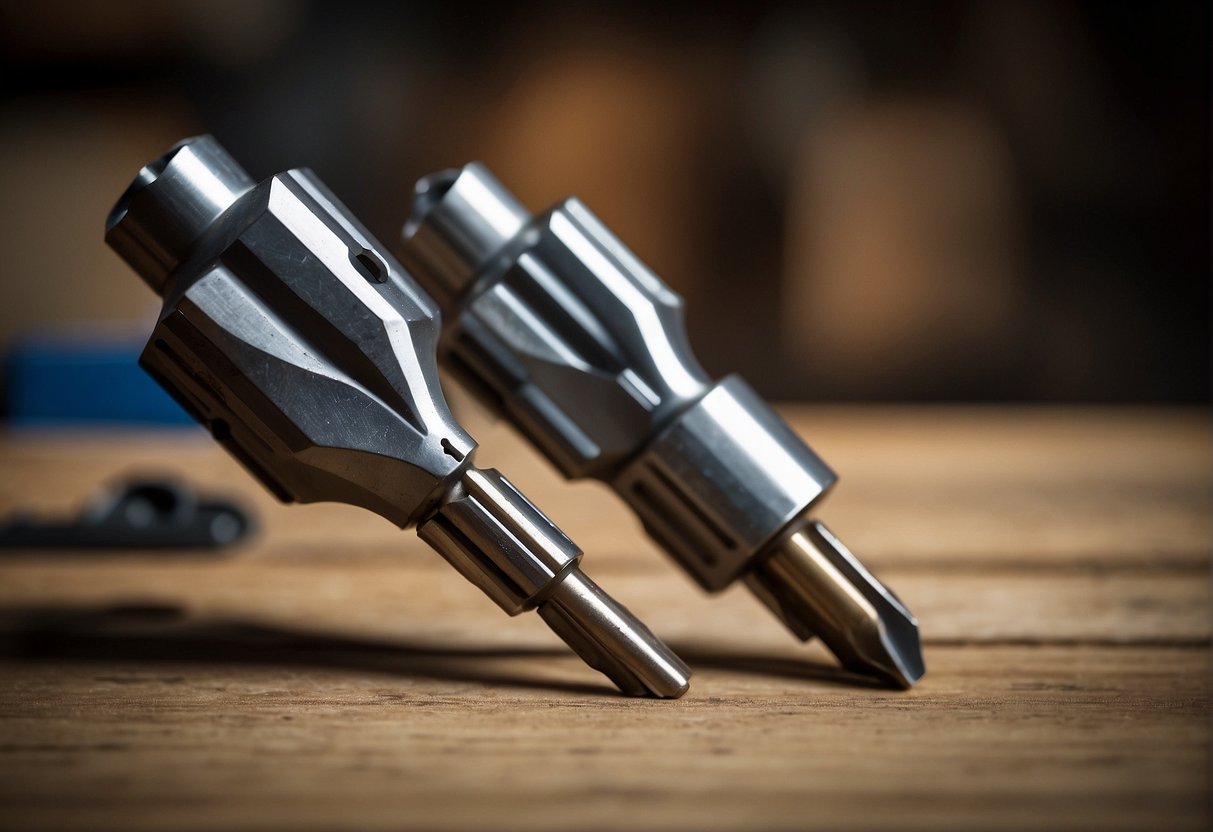 Two drill bits, m35 and m42, facing each other in a workshop setting. The m35 bit is sturdy and sharp, while the m42 bit is sleek and precise