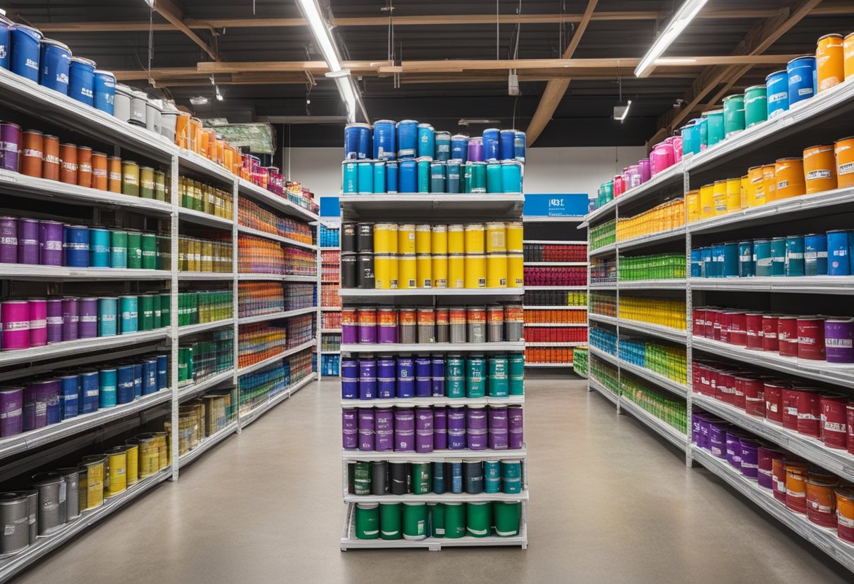 A hardware store with rows of colorful Olympic paint cans displayed on shelves. A large sign above reads "Who Sells Olympic Paint?"