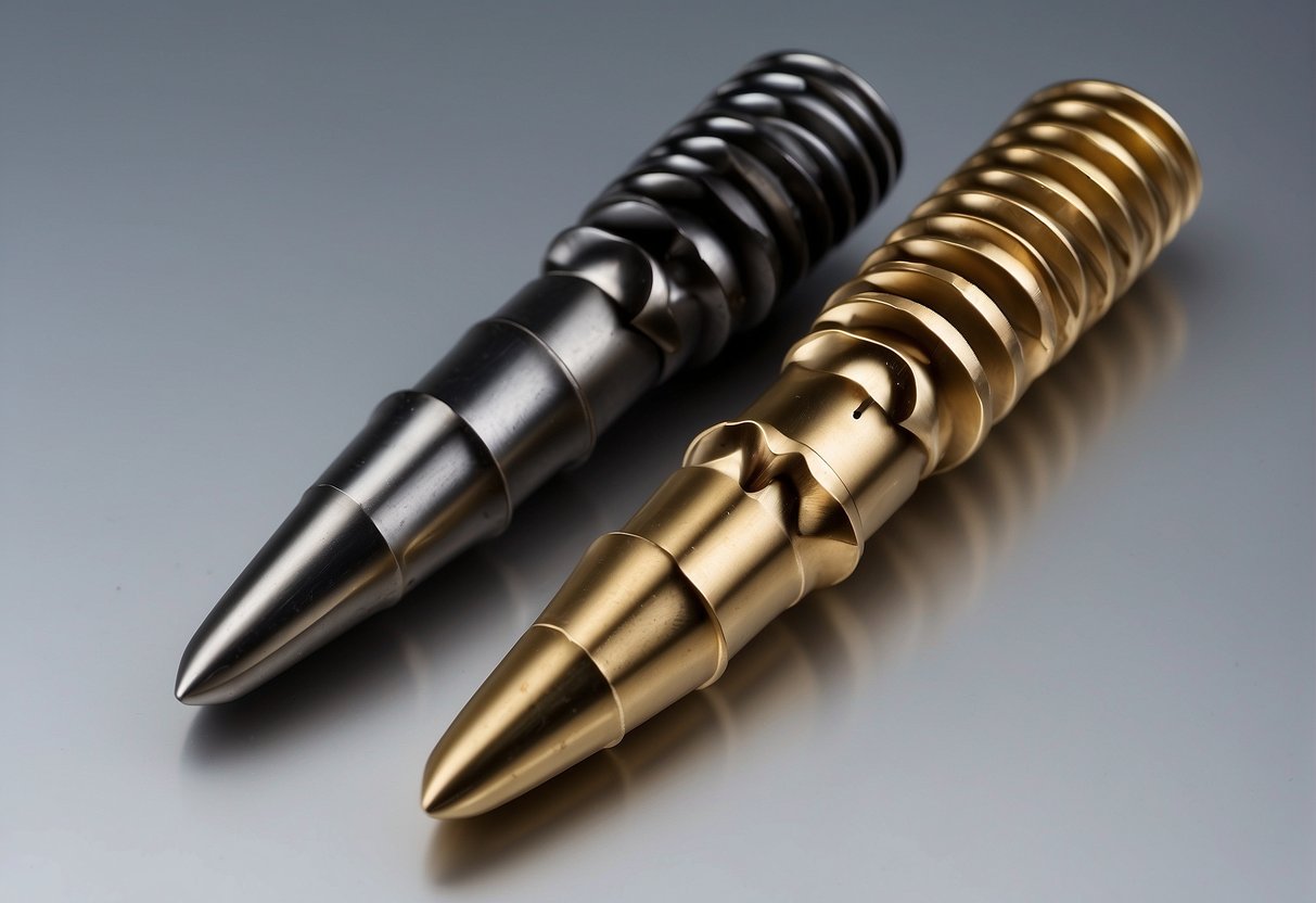 Two drill bits, m35 and m42, arranged side by side. m35 has a cobalt content of 5%, while m42 has 8%. Both bits have a similar flute design and a titanium coating