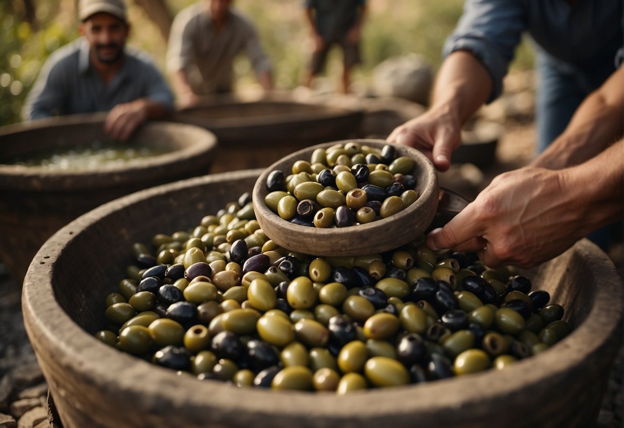 Olives being crushed by a large stone wheel, releasing oil into a basin below. A group of workers collecting the oil using woven baskets