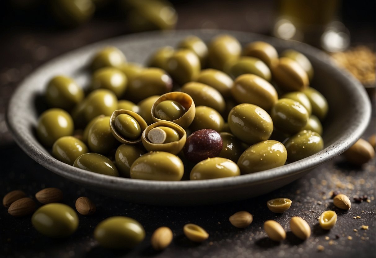 A stone mill crushes olives into a paste. The paste is spread onto fiber disks and pressed to extract the oil