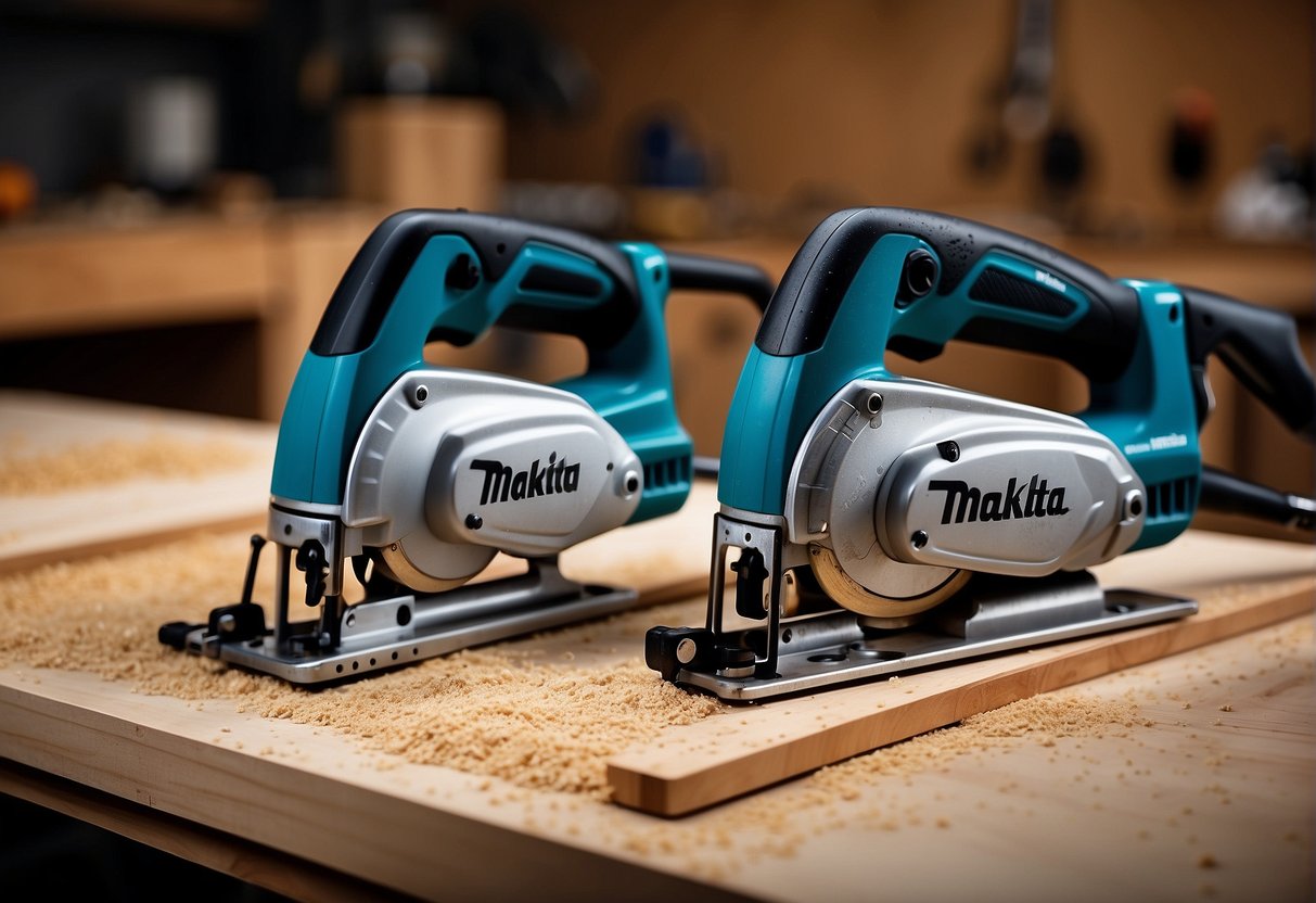Two miter saws face off on a workbench, Makita and Bosch logos visible. Sawdust and wood chips scattered around
