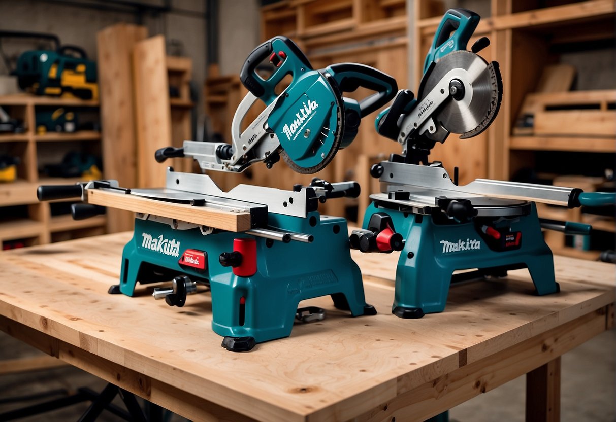 The Makita and Bosch miter saws are positioned side by side on a sturdy workbench. The key features and technologies of each saw are highlighted with clear labels and arrows pointing to specific areas