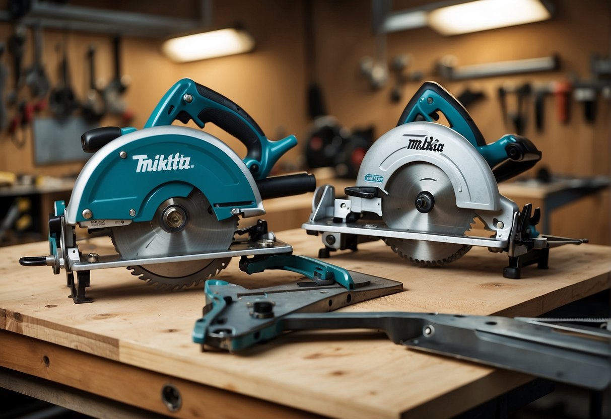 Two miter saws, one Makita and one Bosch, positioned side by side on a workbench with their blades exposed
