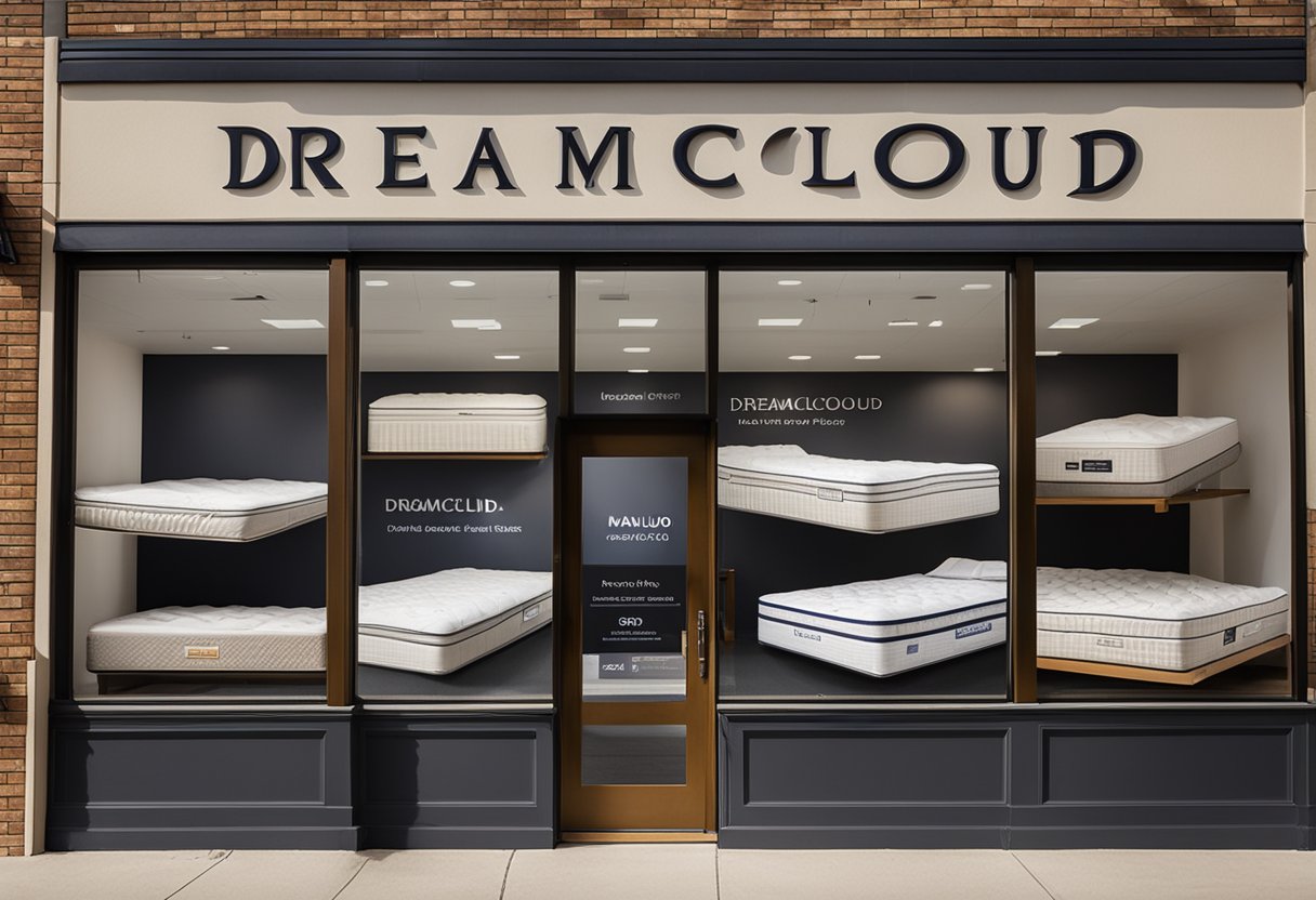 A storefront sign reads "DreamCloud Mattresses for Sale" with a display of luxurious mattresses in a showroom window