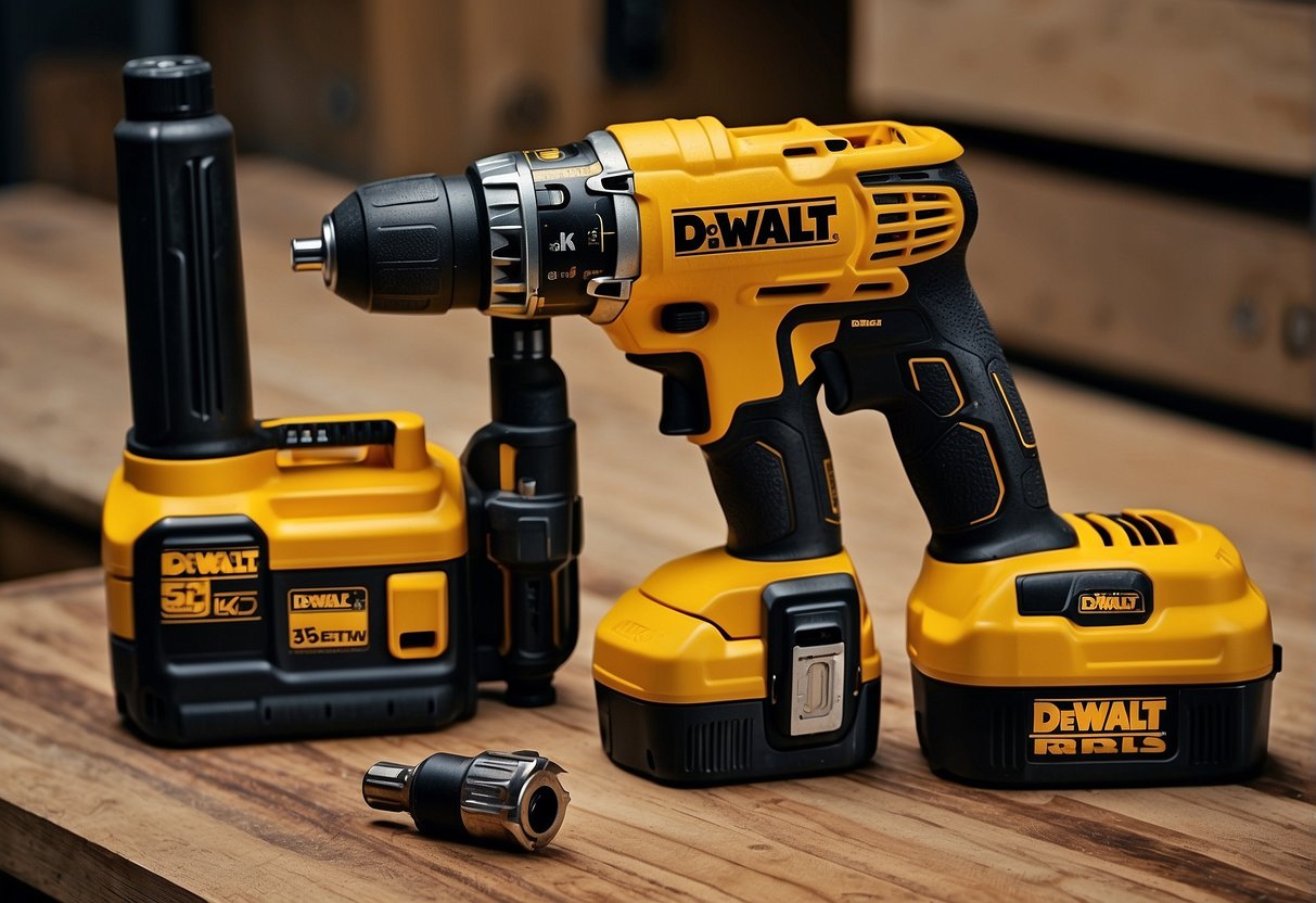 Two Dewalt drills side by side with model numbers clearly visible