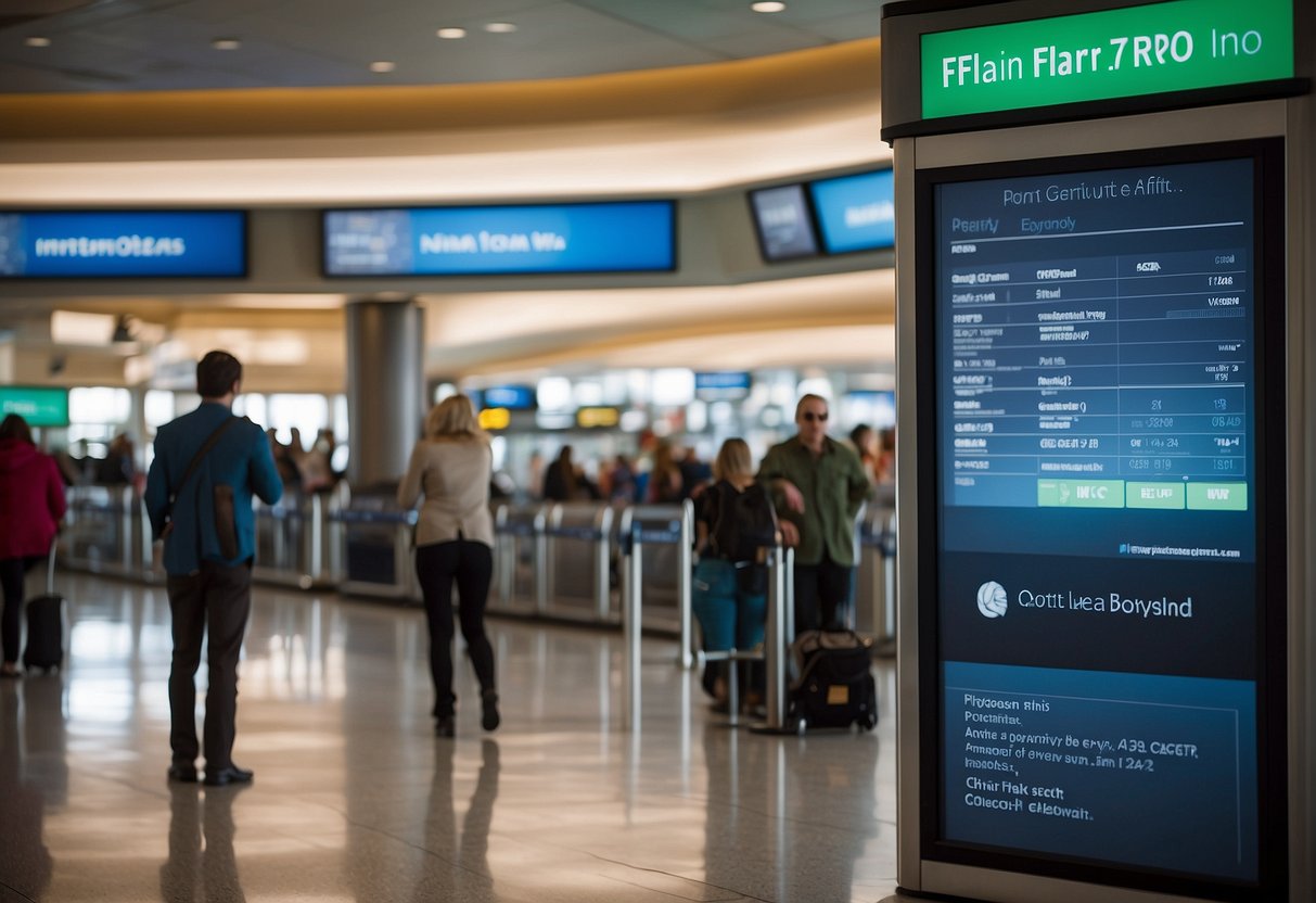 Passengers accessing Flair Airlines contact info on digital screens in airport terminal