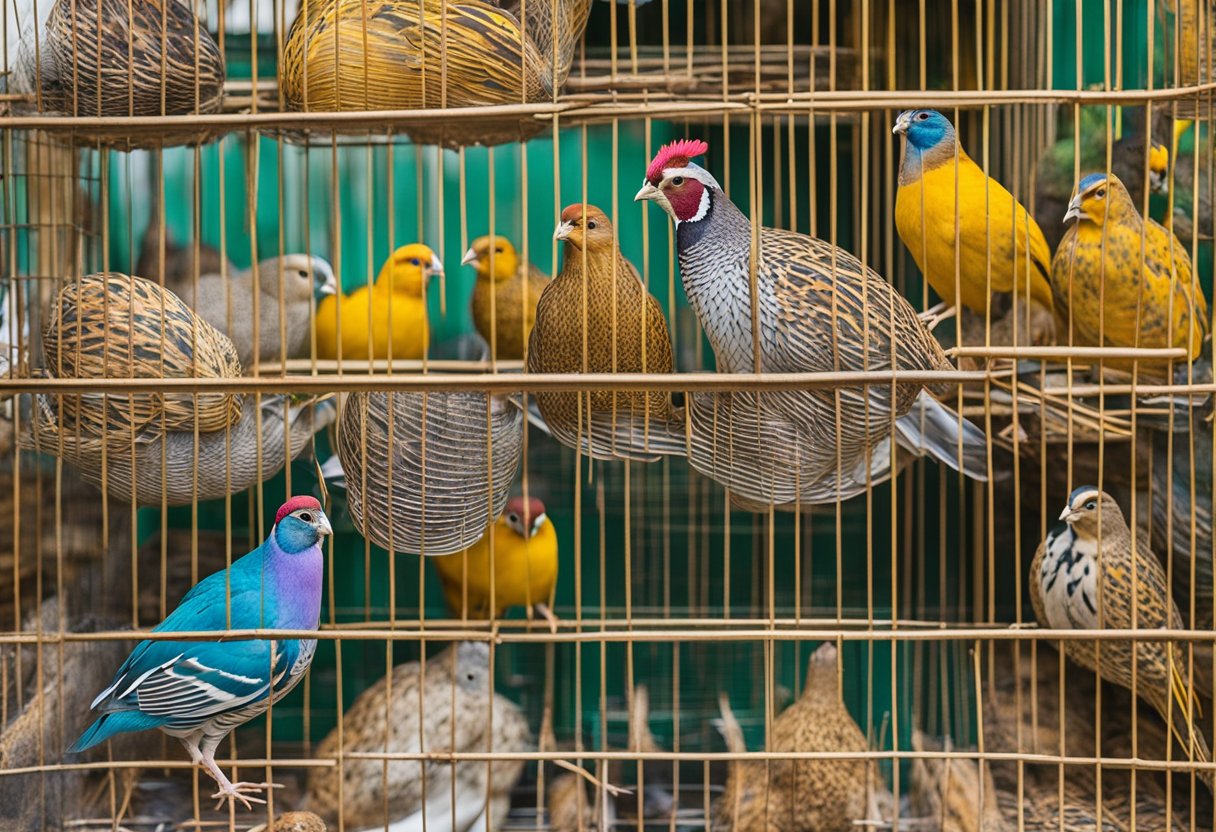 A colorful market stall displays plump quail in cages. Customers browse the selection, while the vendor calls out their prices