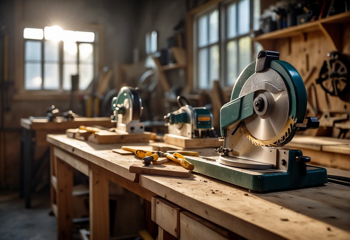 A worm saw and circular saw sit side by side on a workbench, surrounded by wood scraps and measuring tools. The workshop is well-lit with natural light streaming in through the windows