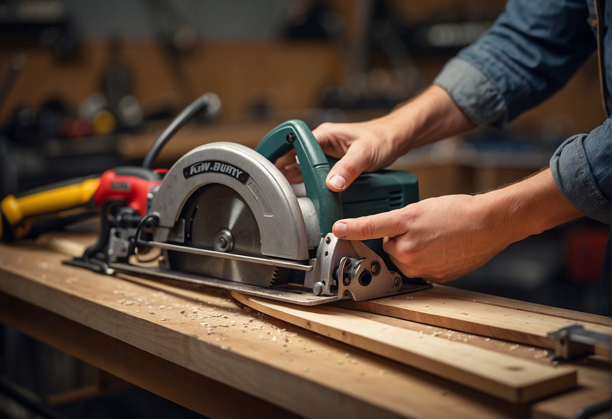 A hand reaches for a worm saw and circular saw on a workbench. The person weighs the options, contemplating which tool to choose
