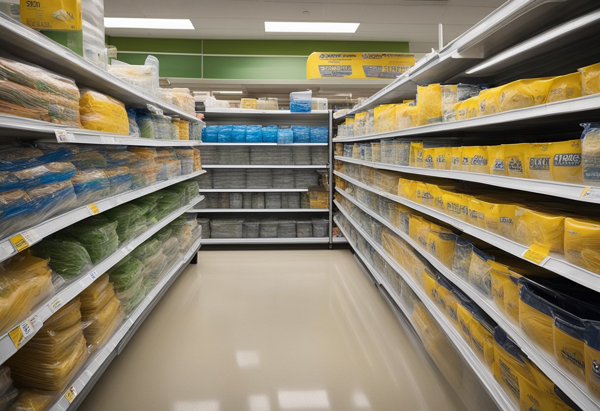 A store shelf displays rows of 2-gallon Ziploc bags in various sizes and quantities, with prominent labeling indicating their availability for purchase