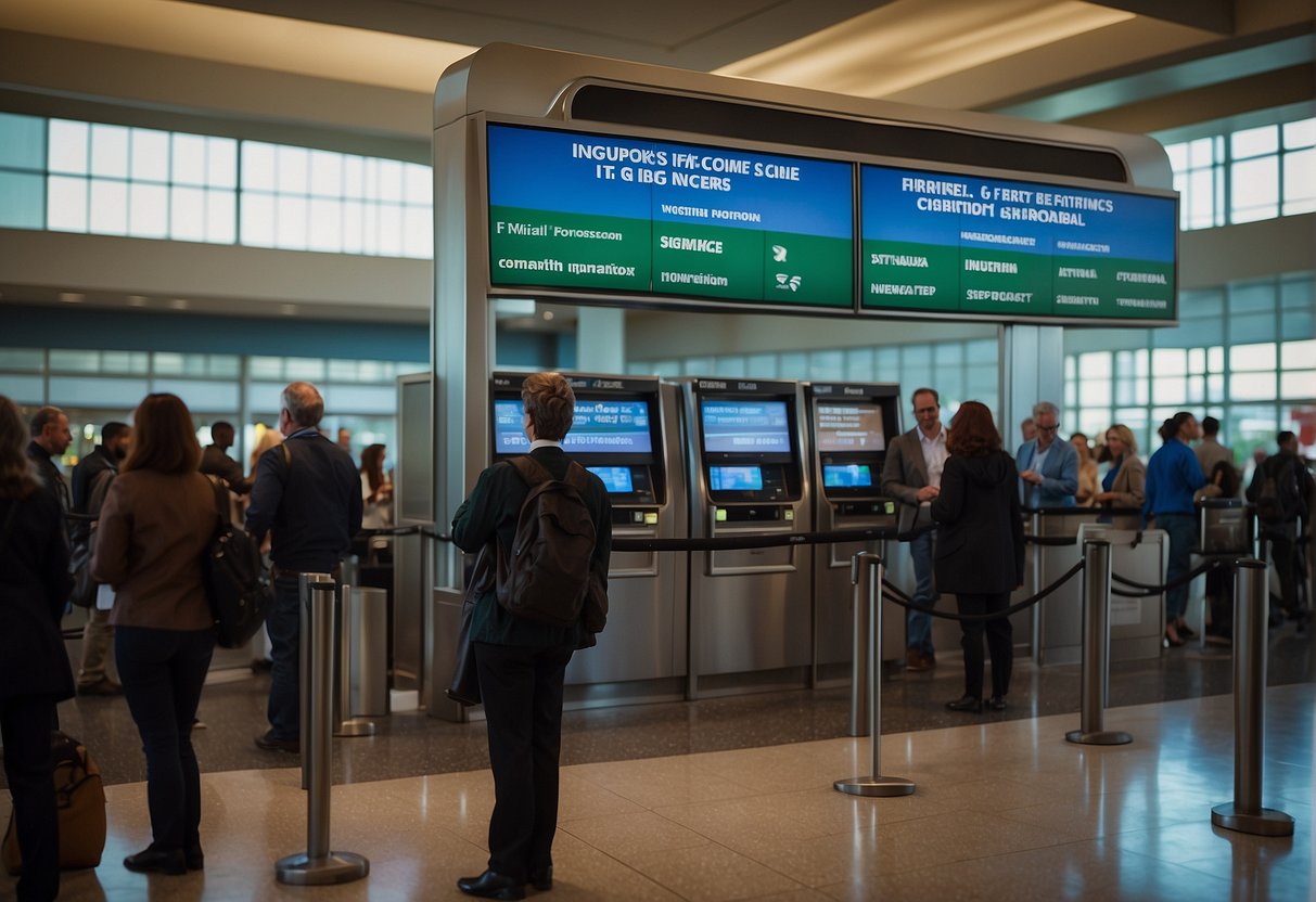 Passengers lining up at a Frontier Airlines kiosk, accessing contact information on a digital display. A sign above reads "Importance of Public Access to Contact Information."