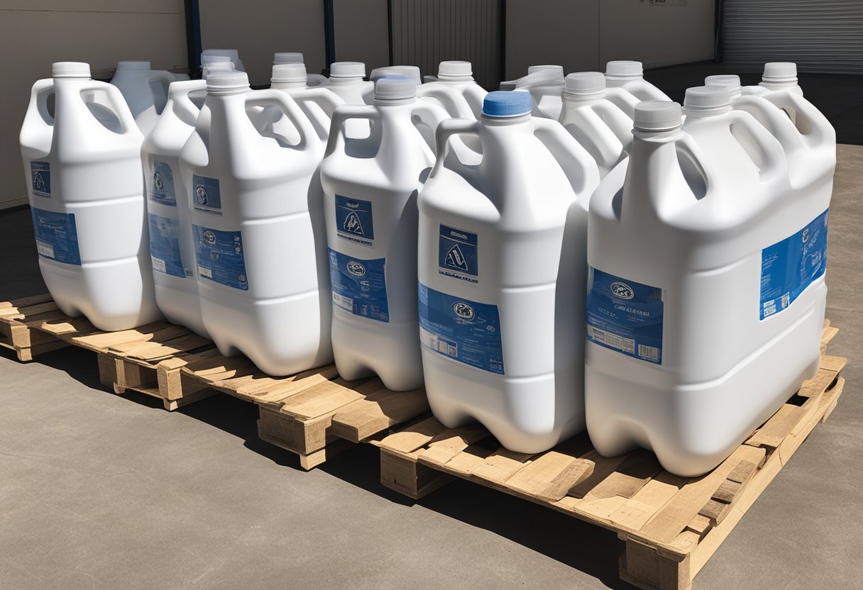 A stack of 3-gallon water jugs sits on a wooden pallet, surrounded by cardboard boxes and a price sign. The jugs are labeled with the brand name and logo