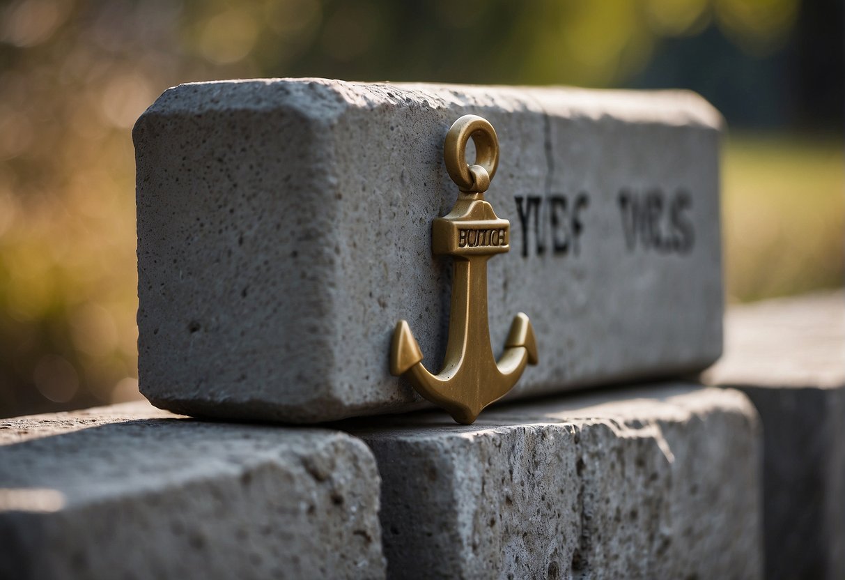 A fence post anchor stands next to a concrete block. Both have a list of pros and cons written on them