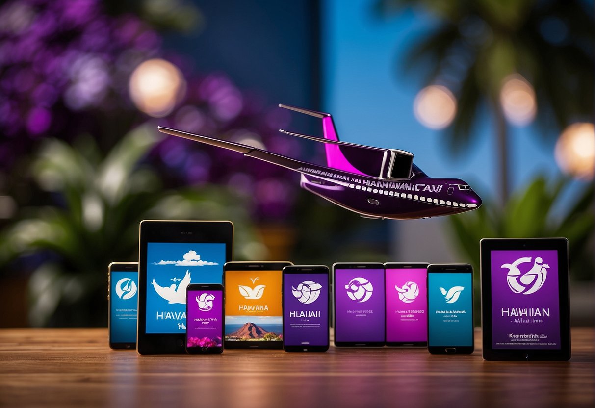 A vibrant Hawaiian Airlines logo surrounded by various contact options: phone numbers, email, and social media icons