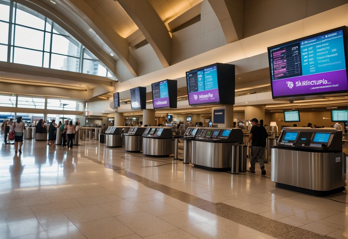 A bustling airport terminal with Hawaiian Airlines contact information prominently displayed on digital screens and kiosks, easily accessible to travelers