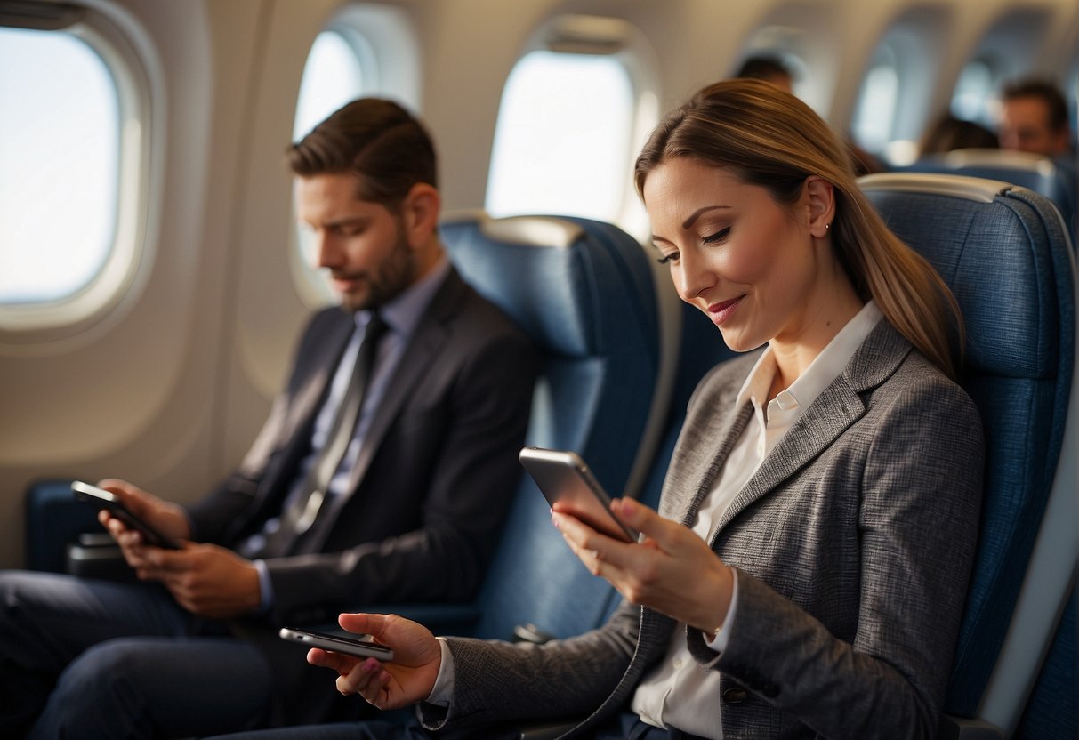Passengers using phones and tablets, talking and texting, while airline staff provide contact information
