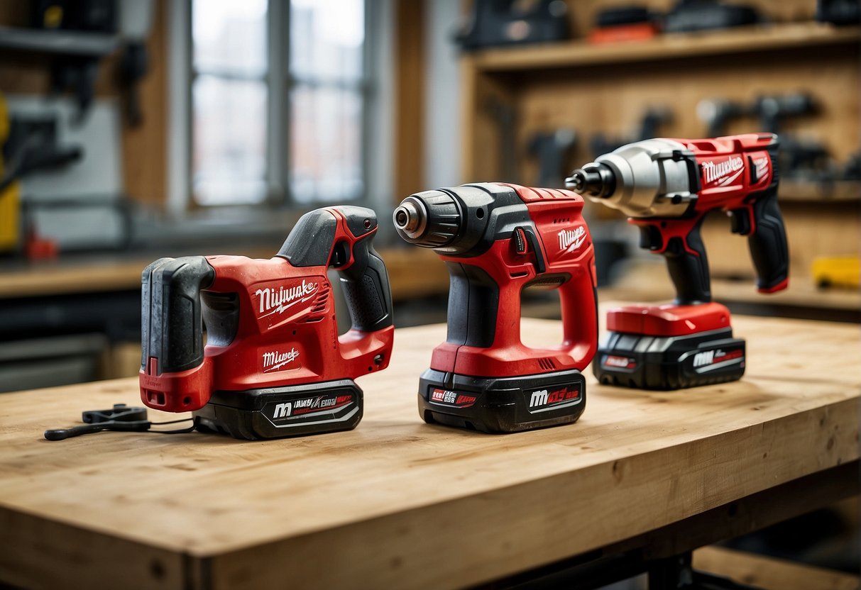 Two power tools, Milwaukee M28 and M18, side by side on a workbench in a well-lit workshop