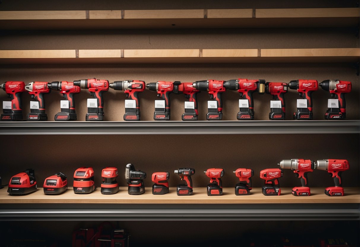 A lineup of Milwaukee M18 and M28 power tools, arranged in a neat and organized manner, with each tool clearly labeled and displayed for easy identification