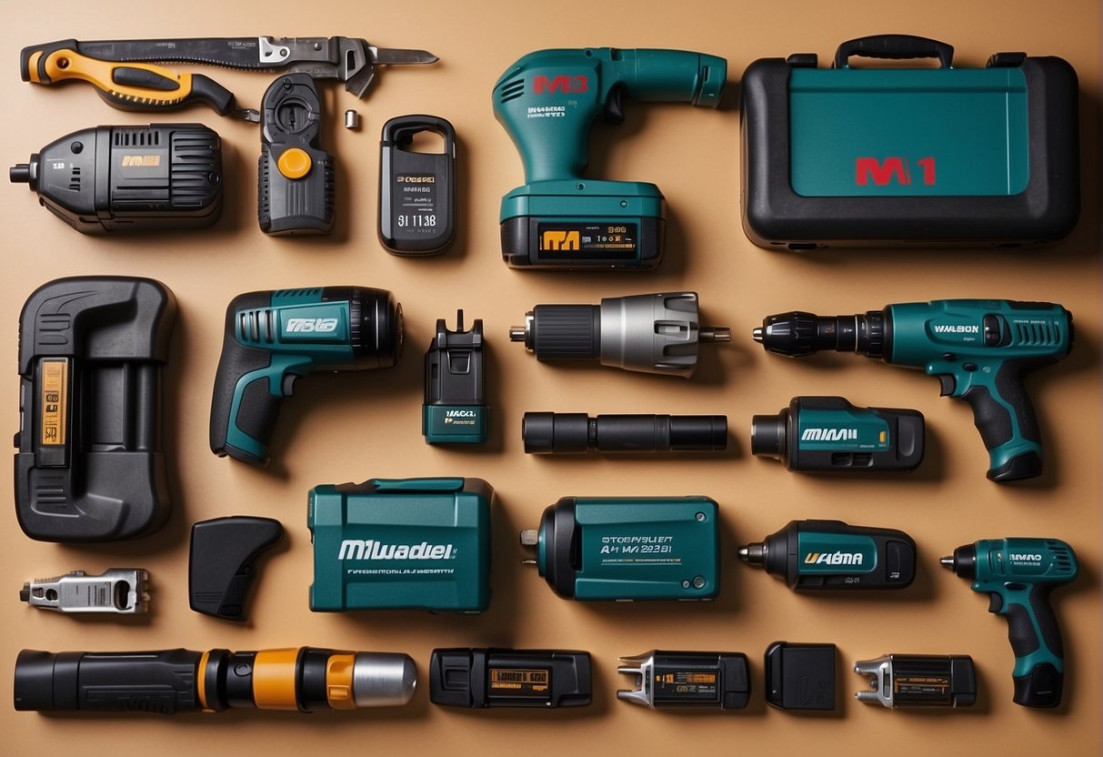 Two power tool sets side by side, one labeled M18 and the other M28, with various tools and batteries displayed next to each set