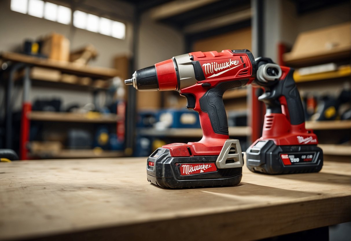 Two power tools, Milwaukee M28 and M18, in a workshop. M28 larger and more powerful. M18 smaller but efficient. Both tools in use, demonstrating their performance and efficiency