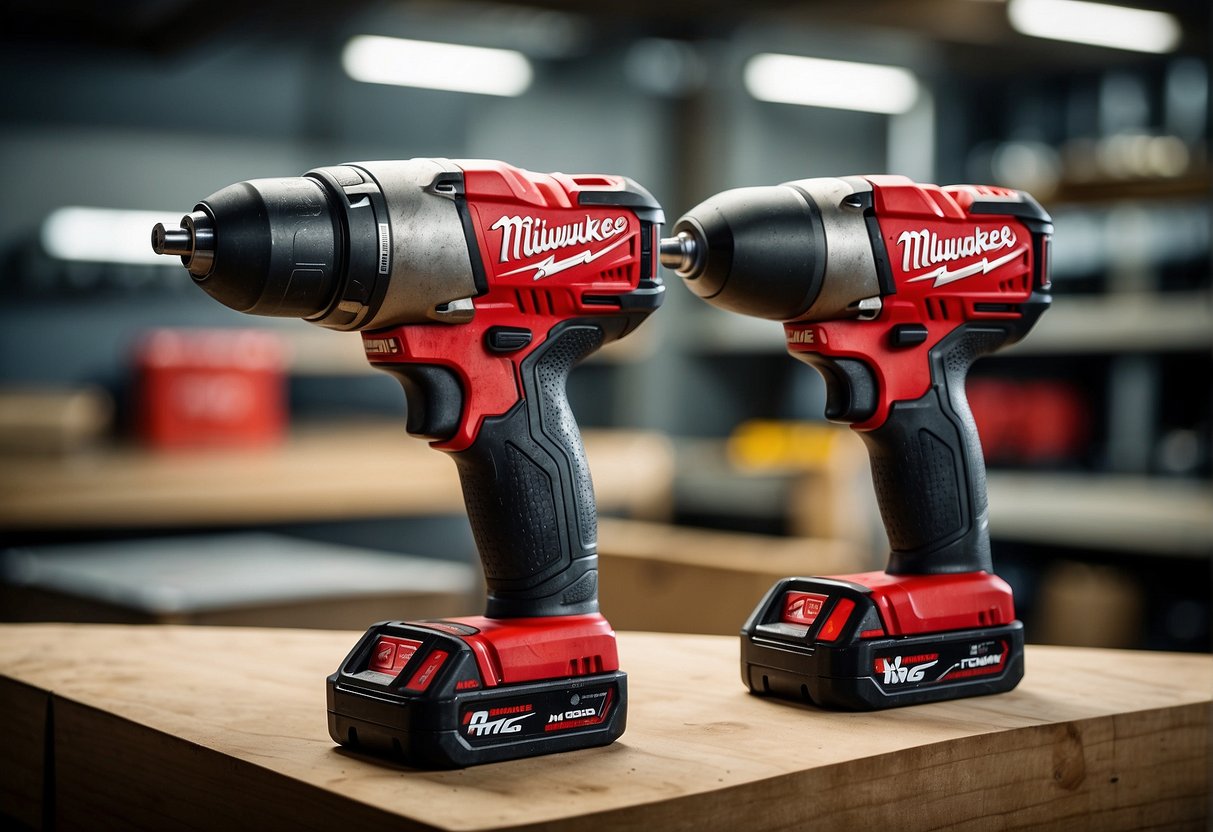 The Milwaukee M28 and M18 tools are shown side by side, highlighting their heavy-duty construction and protective features. The tools exude strength and resilience, with reinforced casings and rugged components