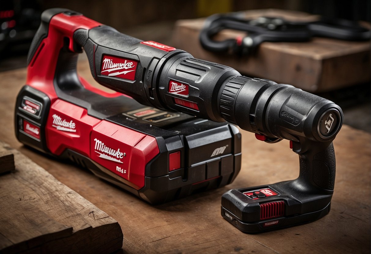 A comparison of Milwaukee M28 and M18 tools, with specs and features displayed, surrounded by question marks and a FAQ sign