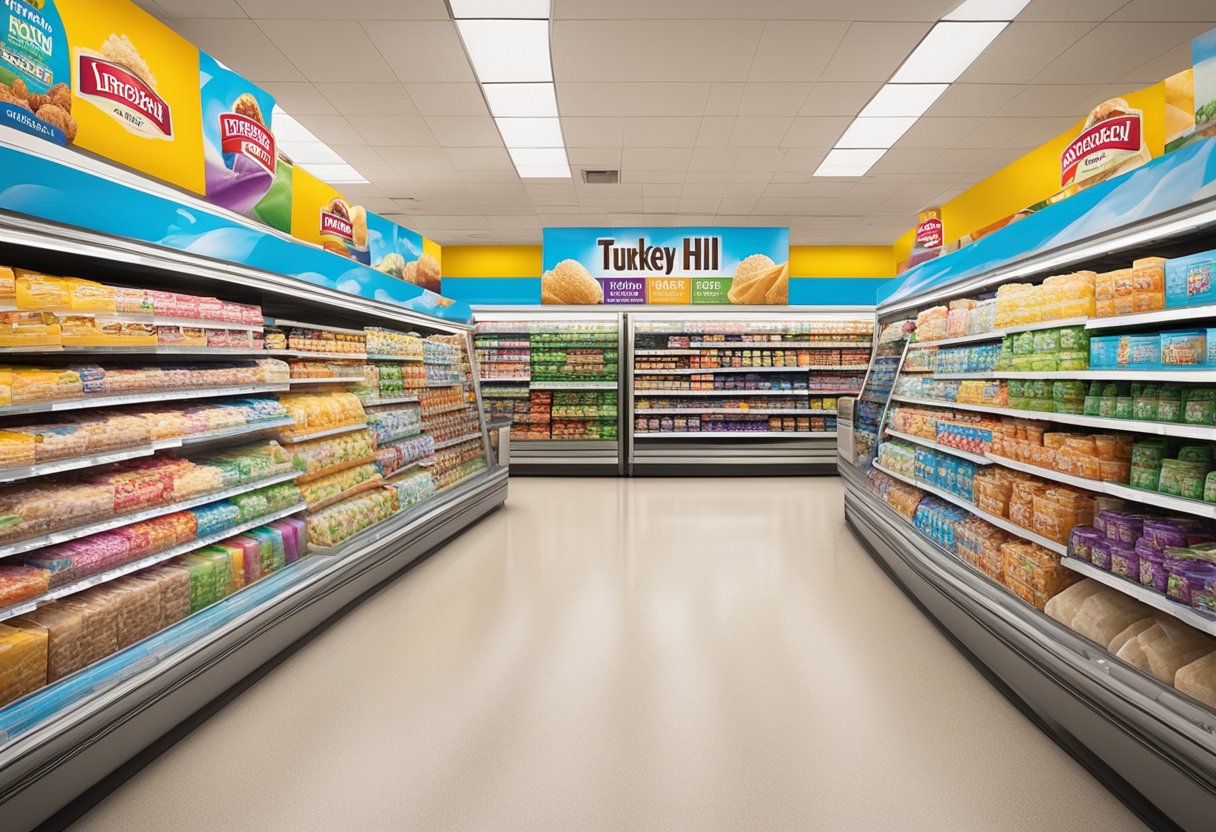 A brightly lit supermarket aisle displays various flavors of Turkey Hill ice cream in colorful packaging. Bright signage above the freezer section advertises the brand