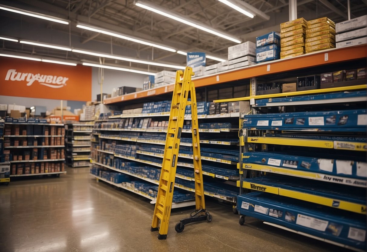 Werner ladder towering over Louisville ladder in a hardware store display