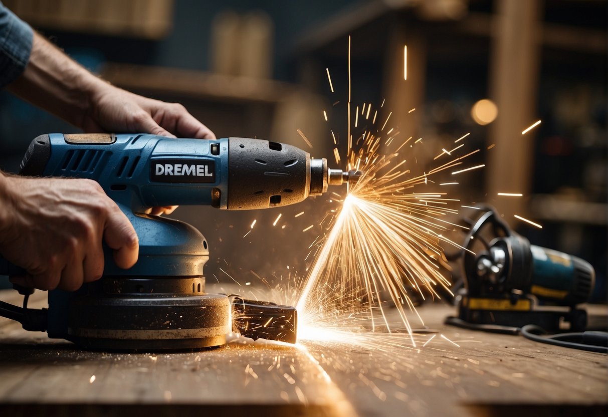 Two power tools, Dremel and Rotozip, face off in a workshop. Sparks fly as they cut through metal and wood with precision and speed