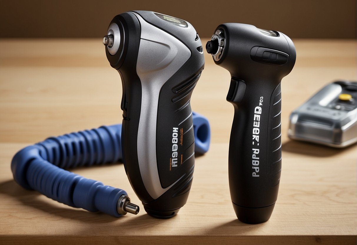 Two handheld power tools side by side, one labeled "Dremel" and the other "Rotozip." Both tools are plugged in and ready for use