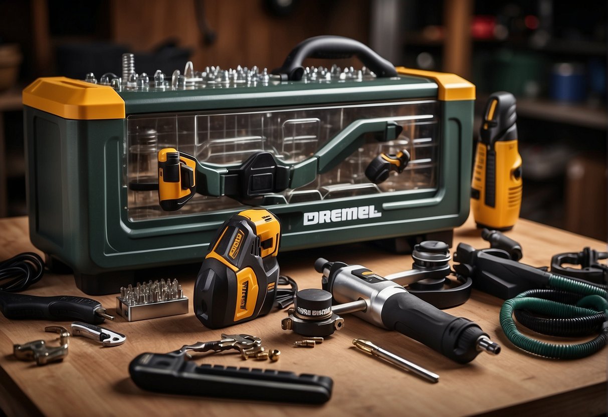 A sturdy workbench holds two power tools, a Dremel and a Rotozip, surrounded by safety goggles, ear protection, and a tool organizer