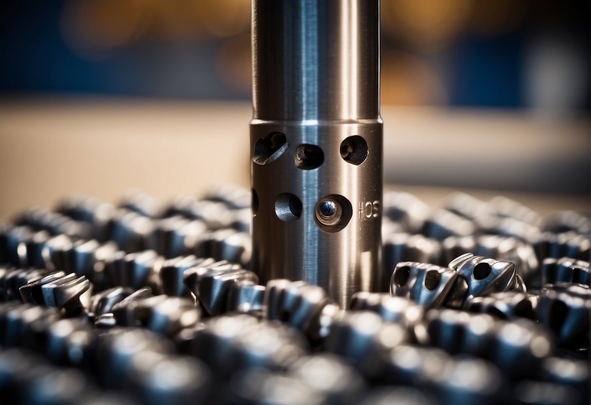 A cobalt drill bit pierces through metal as an HSS drill bit stands nearby